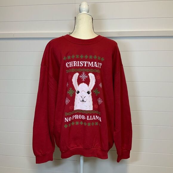 Anvil Men’s Red Christmas Llama Crewneck Sweater Size XLarge - Picture 2 of 14